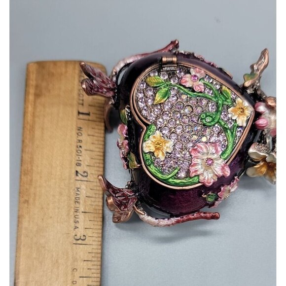Heart Trinket Box Purple Enamel Pave Rhinestone Acccent Flowers Dragonflies - Picture 8 of 16